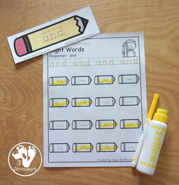Pencil Sight Word Finds - with all 220 Dolch Sight Words with cards sorting by sight word list - no-prep sight word printable for kids to use - 3Dinosaurs.com