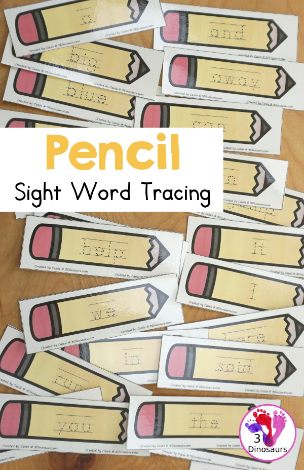 Sight Word Pencil Tracing Cards - with all 220 Dolch Sight Words with cards sorting by sight word list - With tracing on colored pencil or a black and white pencil option - 3Dinosaurs.com