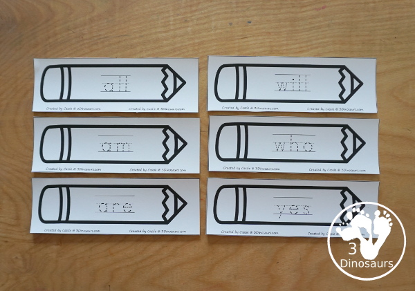 Sight Word Pencil Tracing Cards - with all 220 Dolch Sight Words with cards sorting by sight word list - With tracing on colored pencil or a black and white pencil option - 3Dinosaurs.com