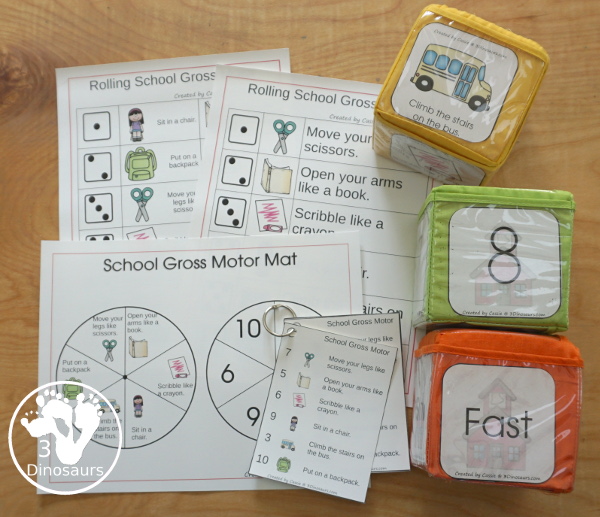 School Gross Motor Set For Kids - with gross motor dice, school gross motor task cards, school gross motor rolling mats and more - 3Dinosaurs.com