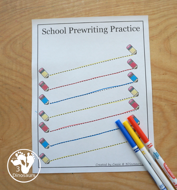 Free School Prewriting Printables - 14 pages of free school prewriting with different lines on each page for kids to trace - 3Dinosaurs.com #freeprintable #prewriting #3dinosaurs