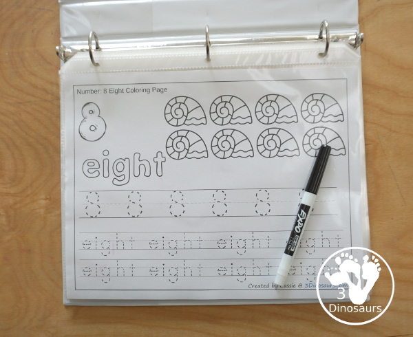 Free Shell Themed Number Color & Trace - Numbers 1 to 10 with a number to color, shells to count and color and three lines of tracing numbers - 3Dinosaurs.com