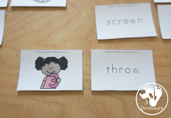 Free Trigraph Matching Cards with 9 matching cards with beginning and ending trigraphs with picture of  trigraph that matches a word that starts with the same trigraph - 3Dinosaurs.com