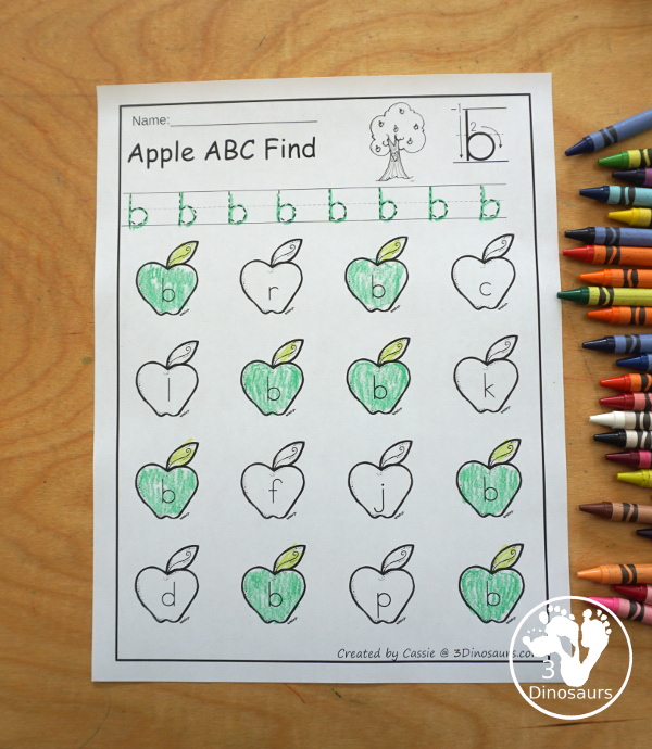Apple Themed ABC Find: Uppercase or Lowercase with tracing $ has 52 pages of printables with tracing the letter and find the letter for kids. - 3Dinosaurs.com