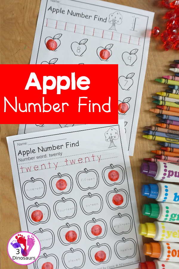 Apple Number Find Printable - for numbers 0 to 20 for kids to trace numbers and then find numbers with number words and numerical number options good. - 3Dinosaurs.com