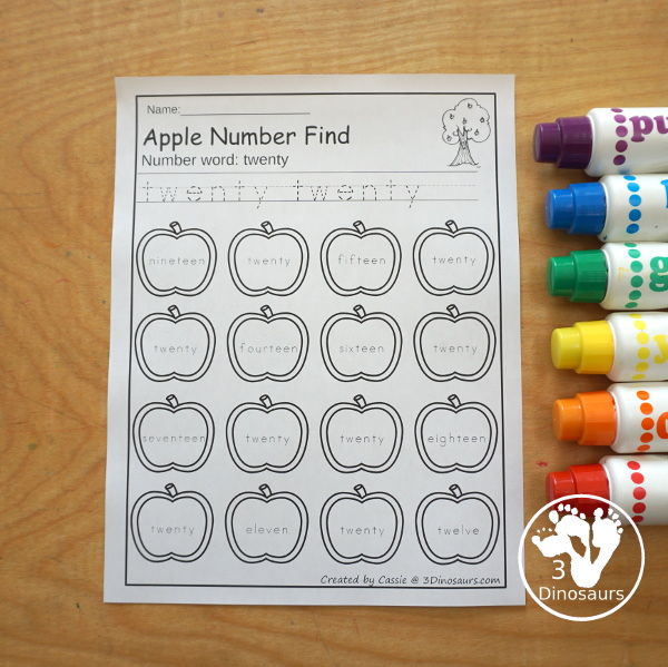 Apple Number Find Printable - for numbers 0 to 20 for kids to trace numbers and then find numbers with number words and numerical number options good. - 3Dinosaurs.com