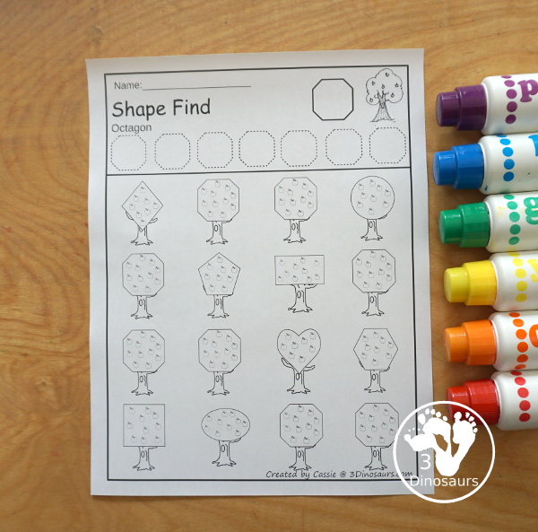 Apple Shape Find Printables with 11 shapes for kids in prek, kindergarten and first grade. You can trace the shapes and then find the shapes below with shape words and geometric shapes. You have 24 pages of printables - 3Dinosaurs.com