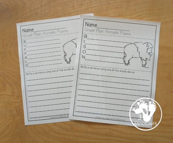 Buffalo & Bison Writing & Acrostic Poems with  - with two themed writing activities for the bison and buffalo for the two words used in the book Buffalo Before Breakfast - 3Dinosaurs.com