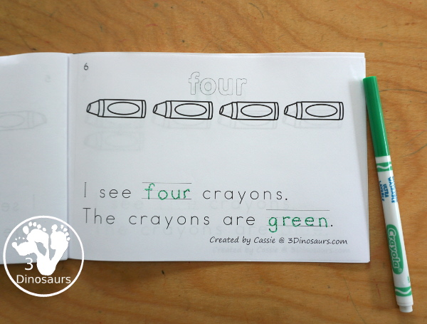 Free Crayon Count & Color - with numbers 0 to 10 with 10 color words in the easy reader book. You can count and then color the crayons with the color for the page. -  3Dinosaurs.com