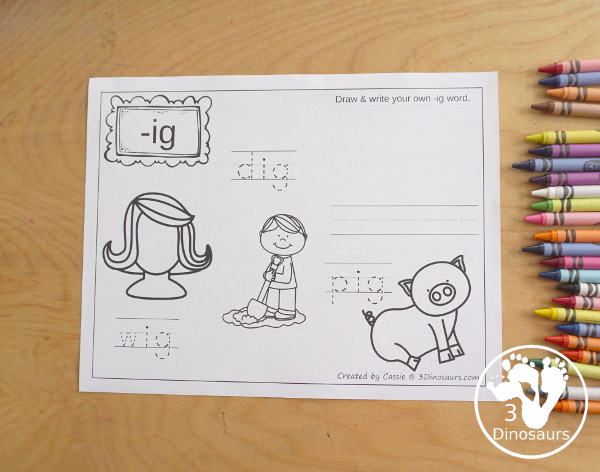Free CVC Word Family Coloring Pages: Short I Vowel with  ig, in, ip, it   with tracing the words, coloring the pictures and draw their own short i word for the short i vowels plus ending - 3Dinosaurs.com