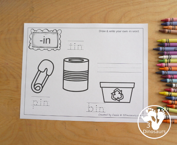 Free CVC Word Family Coloring Pages: Short I Vowel with  ig, in, ip, it   with tracing the words, coloring the pictures and draw their own short i word for the short i vowels plus ending - 3Dinosaurs.com