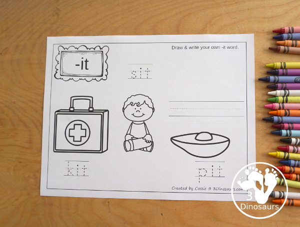 Free CVC Word Family Coloring Pages: Short I Vowel with  ig, in, ip, it   with tracing the words, coloring the pictures and draw their own short i word for the short i vowels plus ending - 3Dinosaurs.com