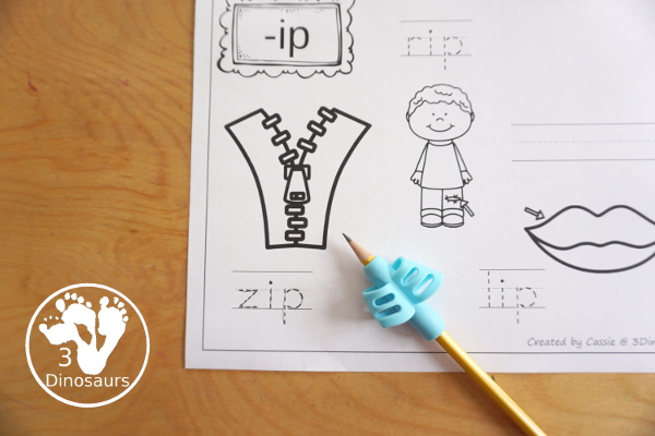 Free CVC Word Family Coloring Pages: Short I Vowel with  ig, in, ip, it   with tracing the words, coloring the pictures and draw their own short i word for the short i vowels plus ending - 3Dinosaurs.com