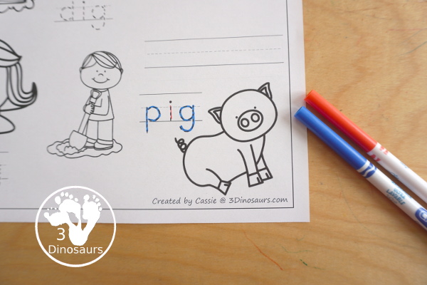 Free CVC Word Family Coloring Pages: Short I Vowel with  ig, in, ip, it   with tracing the words, coloring the pictures and draw their own short i word for the short i vowels plus ending - 3Dinosaurs.com