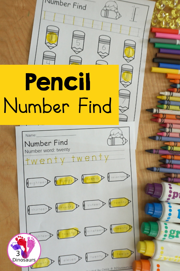 Pencil Number Find: Numbers 0 to 20 - you have numerical numbers and number words for kids to trace the number and then find the numbers on the pencils- 3Dinosaurs.com