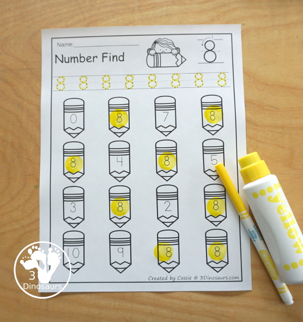 Pencil Number Find: Numbers 0 to 20 - you have numerical numbers and number words for kids to trace the number and then find the numbers on the pencils- 3Dinosaurs.com