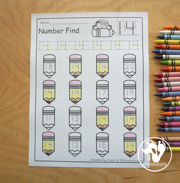 Pencil Number Find: Numbers 0 to 20 - you have numerical numbers and number words for kids to trace the number and then find the numbers on the pencils- 3Dinosaurs.com