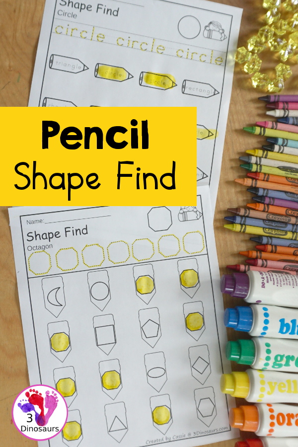 Pencil Shape Find - with  11 Shapes for kids with geometric shapes and shape words for kids to learn. A great PreK, kindergarten, and first grade.- 3Dinosaurs.com