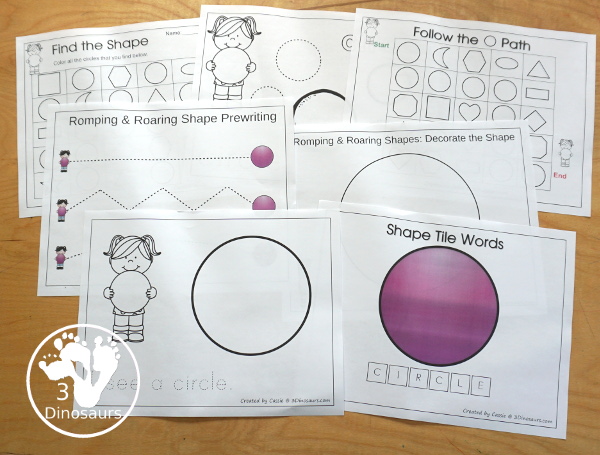 Romping & Roaring Circle Pack - a free 40 page shape pack for kids to use to learn their shape with tracing, coloring, dot markers and more. - 3Dinosaurs.com