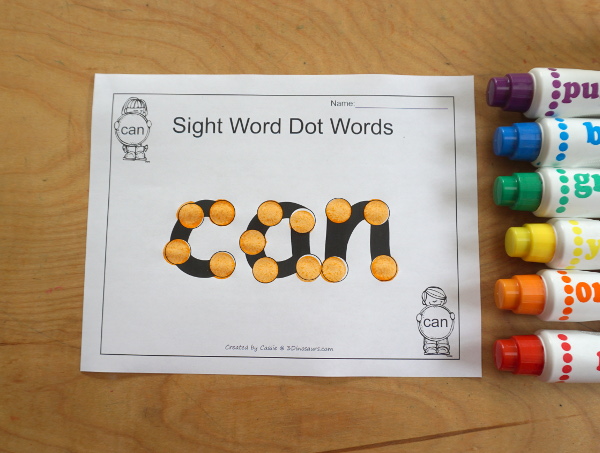 Free Romping & Roaring Preprimer Sight Words Packs Set 2: Blue, Can, Come, Down - 6 pages of activities for each preprimer sight words: a, and, away, big. These are great for easy to use learning centers - 3Dinosaurs.com