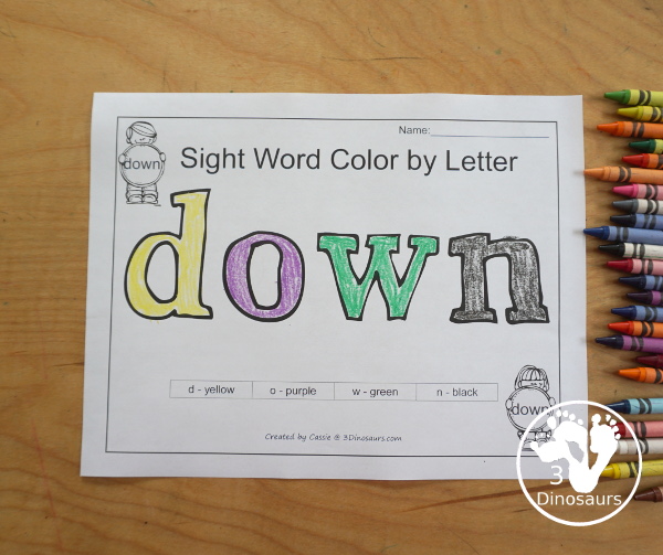 Free Romping & Roaring Preprimer Sight Words Packs Set 2: Blue, Can, Come, Down - 6 pages of activities for each preprimer sight words: a, and, away, big. These are great for easy to use learning centers - 3Dinosaurs.com