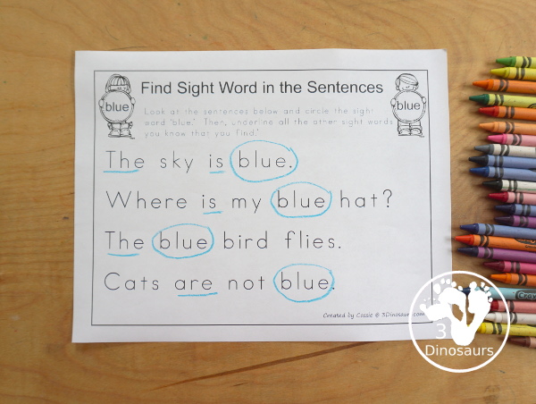 Free Romping & Roaring Preprimer Sight Words Packs Set 2: Blue, Can, Come, Down - 6 pages of activities for each preprimer sight words: a, and, away, big. These are great for easy to use learning centers - 3Dinosaurs.com