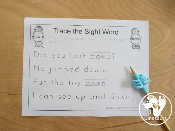 Free Romping & Roaring Preprimer Sight Words Packs Set 2: Blue, Can, Come, Down - 6 pages of activities for each preprimer sight words: a, and, away, big. These are great for easy to use learning centers - 3Dinosaurs.com