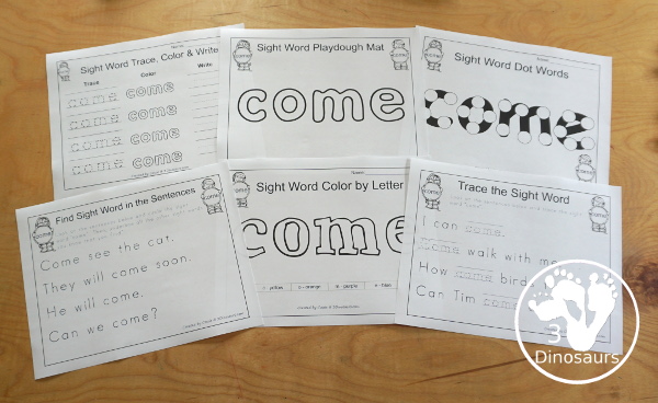 Free Romping & Roaring Preprimer Sight Words Packs Set 2: Blue, Can, Come, Down - 6 pages of activities for each preprimer sight words: a, and, away, big. These are great for easy to use learning centers - 3Dinosaurs.com