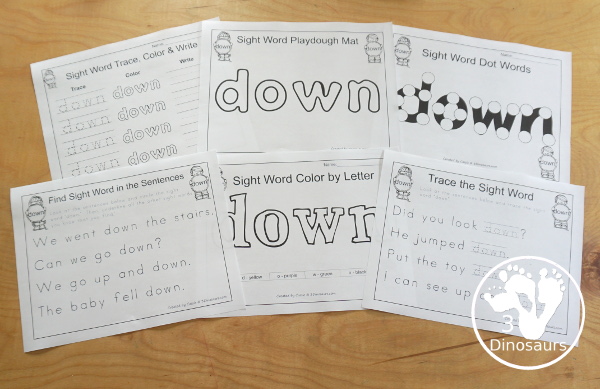 Free Romping & Roaring Preprimer Sight Words Packs Set 2: Blue, Can, Come, Down - 6 pages of activities for each preprimer sight words: a, and, away, big. These are great for easy to use learning centers - 3Dinosaurs.com