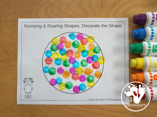 Free Romping & Roaring Circle Pack - a free 10 page shape pack for kids to use to learn their shape with tracing, coloring, dot markers and more. - 3Dinosaurs.com