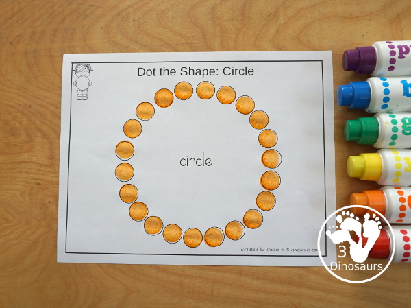 Free Romping & Roaring Circle Pack - a free 10 page shape pack for kids to use to learn their shape with tracing, coloring, dot markers and more. - 3Dinosaurs.com