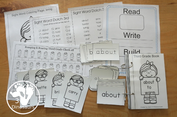 Romping & Roaring Third Grade Sight Words - 10 pages of activities for each all 41 third grade sight words for easy to use learning to read centers. You have the following pages sight word playdough mats, sight word dot marker words, sight word trace color and write, sight word color by letter, sight word find in the sentence, sight word trace in the sentence, sight word word find, sight word review sheet, sight word trace stamp and write, and sight word maze. Plus extra to use with the sight words - 3Dinosaurs.com