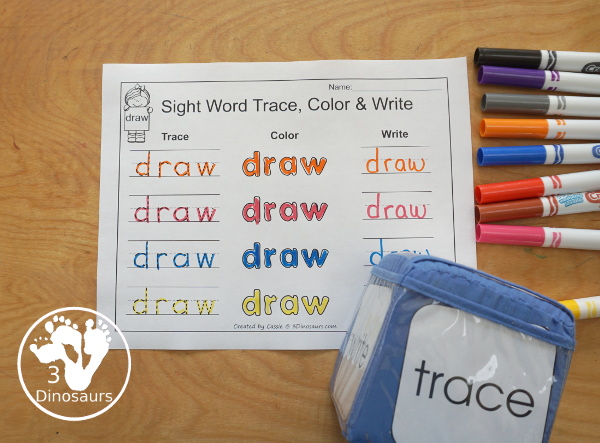 Romping & Roaring Third Grade Sight Words - 10 pages of activities for each all 41 third grade sight words for easy to use learning to read centers. You have the following pages sight word playdough mats, sight word dot marker words, sight word trace color and write, sight word color by letter, sight word find in the sentence, sight word trace in the sentence, sight word word find, sight word review sheet, sight word trace stamp and write, and sight word maze. Plus extra to use with the sight words - 3Dinosaurs.com