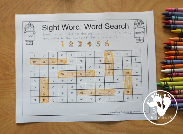 Romping & Roaring Third Grade Sight Words - 10 pages of activities for each all 41 third grade sight words for easy to use learning to read centers. You have the following pages sight word playdough mats, sight word dot marker words, sight word trace color and write, sight word color by letter, sight word find in the sentence, sight word trace in the sentence, sight word word find, sight word review sheet, sight word trace stamp and write, and sight word maze. Plus extra to use with the sight words - 3Dinosaurs.com