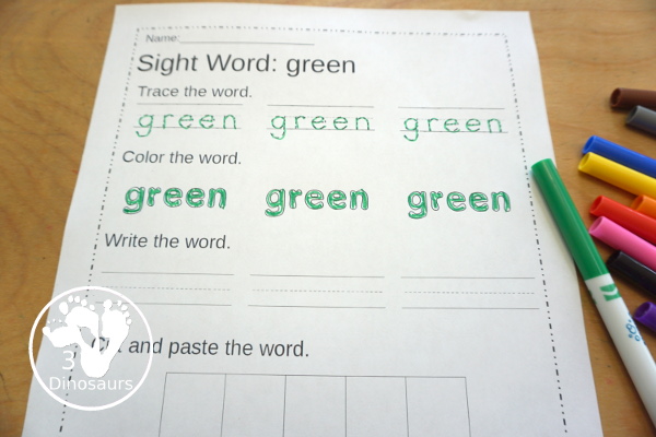 Free Second Grade Sight Word Trace, Color, Write, Cut & Paste Printable - all 46 second grade sight words with 3 sight word tracing, 3 sight word coloring, 3 sight word writing, and cut and paste - 3Dinosaurs.com