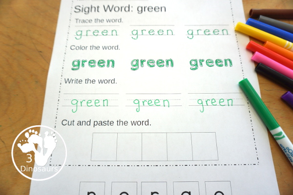 Free Second Grade Sight Word Trace, Color, Write, Cut & Paste Printable - all 46 second grade sight words with 3 sight word tracing, 3 sight word coloring, 3 sight word writing, and cut and paste - 3Dinosaurs.com