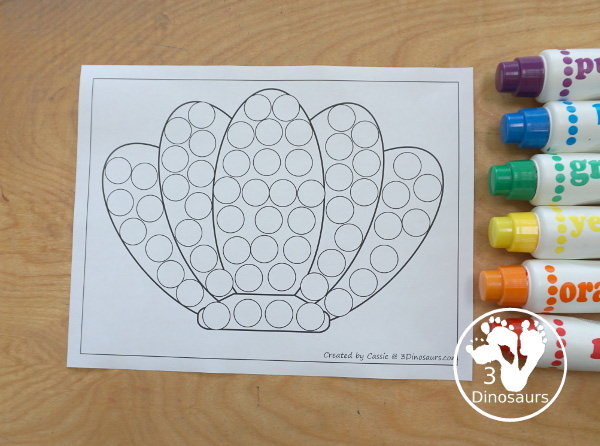 Free Shell Fine Motor Mats Printables - three fun shell fine motor mats with shell template printables, a shell tracing printable, and a shell dot marker printable - 3Dinosaurs.com - 3Dinosaurs.com
