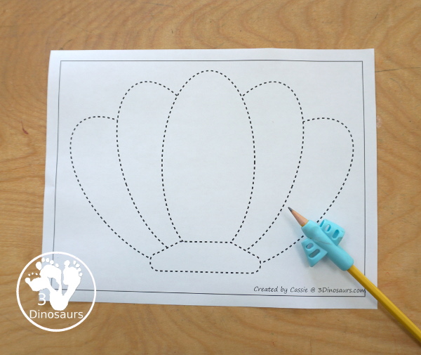 Free Shell Fine Motor Mats Printables - three fun shell fine motor mats with shell template printables, a shell tracing printable, and a shell dot marker printable - 3Dinosaurs.com - 3Dinosaurs.com