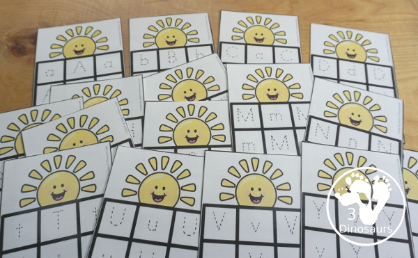 Free Sun ABC Tracing Cards with a 3 by 3 tracing rows of uppercase and lowercase letters. A fun way to change up handwriting for kids. - 3Dinosaurs.com