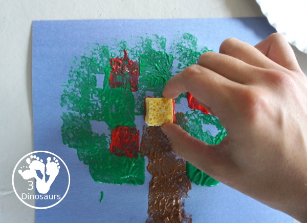 Sponge Painted Apple Tree - a fun and simple painting of an apple tree that kids can make. This is great for any apple theme for tot, prek and kindergarten. - 3Dinosaurs.com