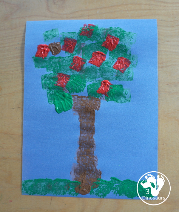 Sponge Painted Apple Tree - a fun and simple painting of an apple tree that kids can make. This is great for any apple theme for tot, prek and kindergarten. - 3Dinosaurs.com