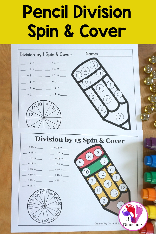 Pencil Division Spin & Cover has Division 1 to 12 and 1 to 15 with solve and cover and spinning and cover of equations for each set. You have color and black and white options- 3Dinosaurs.com