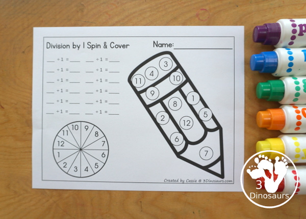 Pencil Division Spin & Cover has Division 1 to 12 and 1 to 15 with solve and cover and spinning and cover of equations for each set. You have color and black and white options- 3Dinosaurs.com