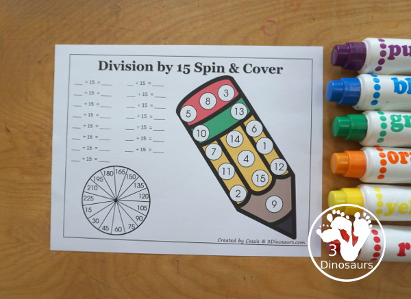 Pencil Division Spin & Cover has Division 1 to 12 and 1 to 15 with solve and cover and spinning and cover of equations for each set. You have color and black and white options- 3Dinosaurs.com