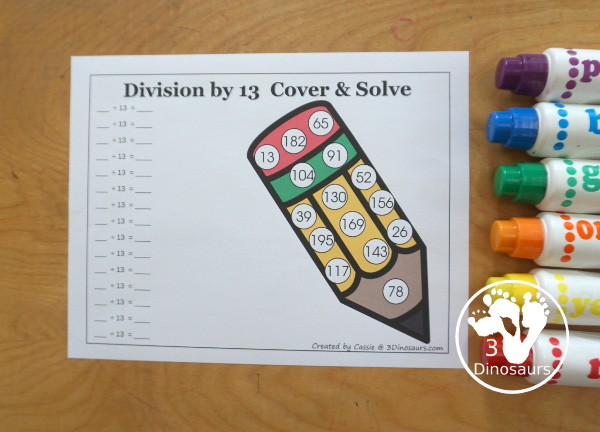 Pencil Division Spin & Cover has Division 1 to 12 and 1 to 15 with solve and cover and spinning and cover of equations for each set. You have color and black and white options- 3Dinosaurs.com