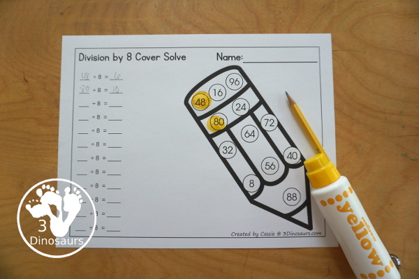 Pencil Division Spin & Cover has Division 1 to 12 and 1 to 15 with solve and cover and spinning and cover of equations for each set. You have color and black and white options- 3Dinosaurs.com