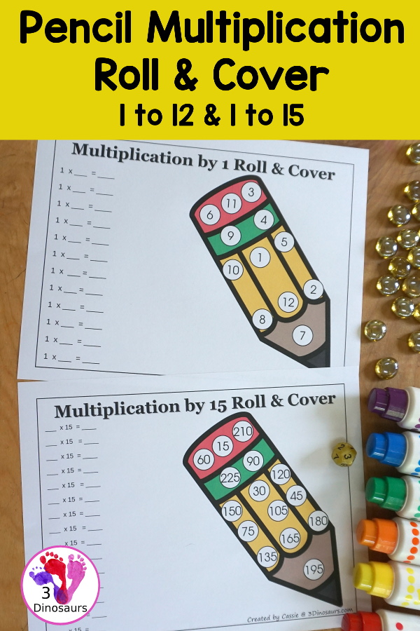 Pencil Multiplication Roll & Cover has multiplication 1 to 12 and 1 to 15 with two options of equations for each set. You have color and black and white with spinners and flashcards included. 3Dinosaurs.com