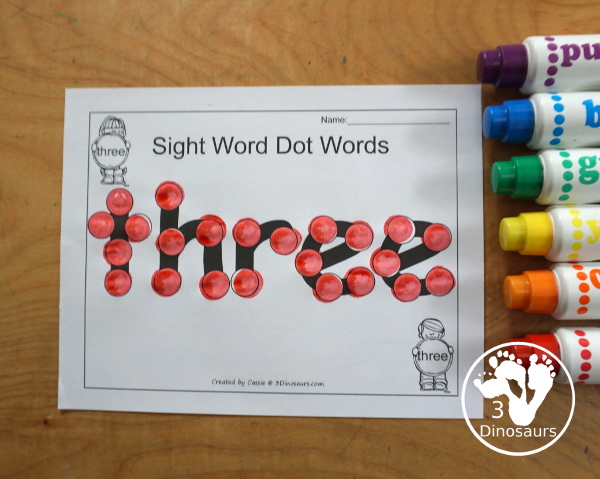 Romping & Roaring Preprimer Sight Words: Three, To, Two, Up - you have 6 pages for each sight word that work on learning the sight word different ways with reading, writing, and finding. 3Dinosaurs.com