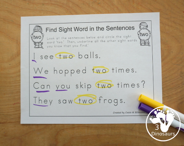 Romping & Roaring Preprimer Sight Words: Three, To, Two, Up - you have 6 pages for each sight word that work on learning the sight word different ways with reading, writing, and finding. 3Dinosaurs.com