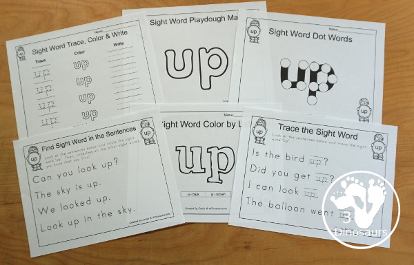 Romping & Roaring Preprimer Sight Word:  Up - you have 6 pages for each sight word that work on learning the sight word different ways with reading, writing, and finding. 3Dinosaurs.com